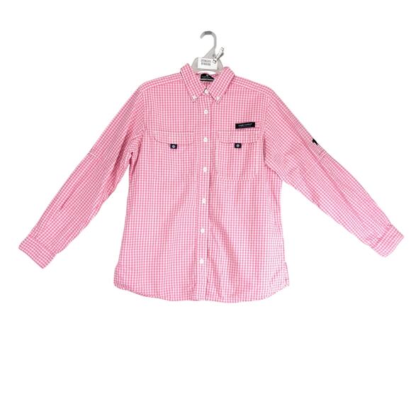 Simply Southern Pink Gingham Button Down Shirt Women's S Vented Long Slv Fishing - Picture 1 of 10